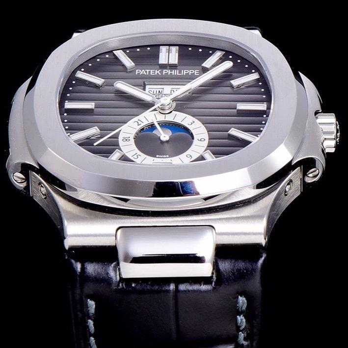 PATEK NAUTILUS MOONPHASE ANNUAL CALENDAR BLACK DIAL LEATHER