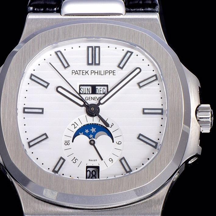 PATEK NAUTILUS MOONPHASE ANNUAL CALENDAR WHITE DIAL LEATHER