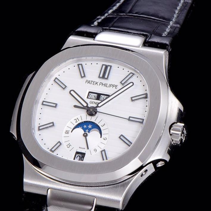 PATEK NAUTILUS MOONPHASE ANNUAL CALENDAR WHITE DIAL LEATHER