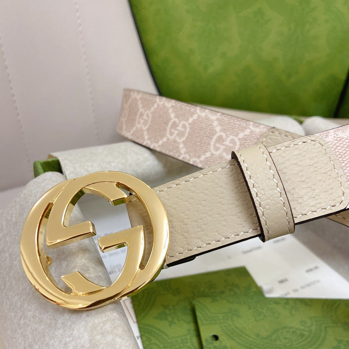 GG BELT DOUBLE G BUCKLE PINK CANVAS