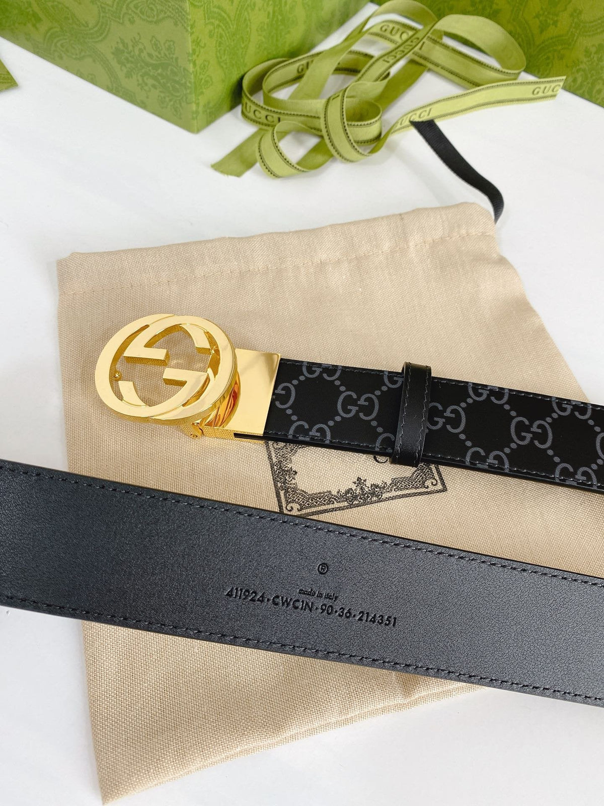 INTERLOCKING G GOLD BUCKLE 38MM BLACK LEAHTER MONOGRAM