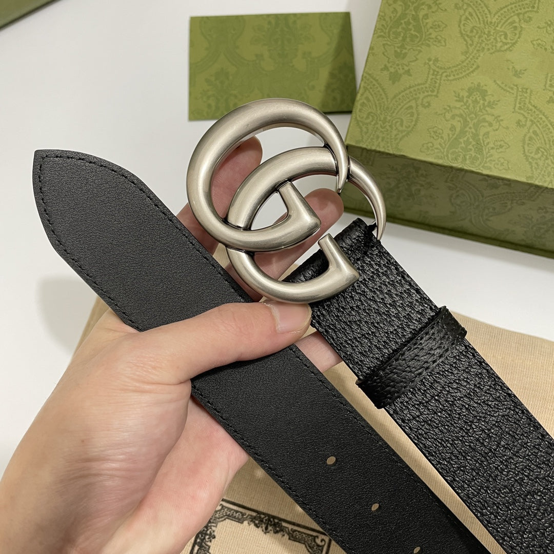 DOUBLE G SILVER BUCKLE 40MM BLACK LEATHER