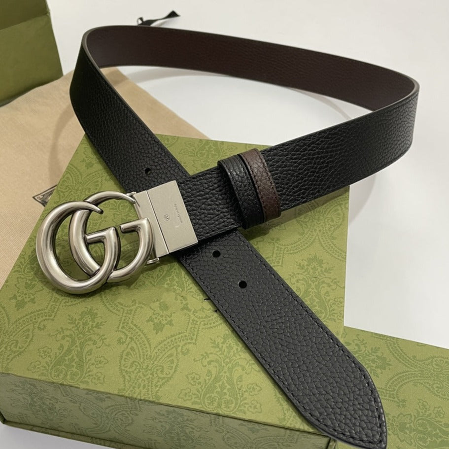 DOUBLE G SILVER BUCKLE 38MM BLACK BROWN LEATHER