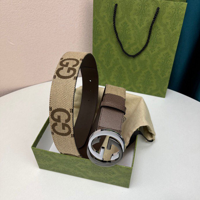 INTERLOCKING G BLACK SILVER BUCKLE 40MM BEIGE CANVAS