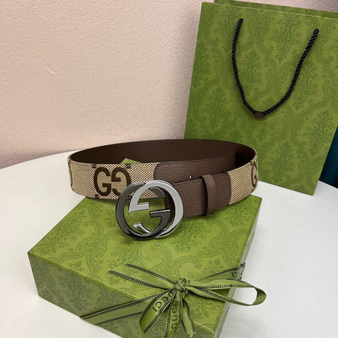 INTERLOCKING G BLACK SILVER BUCKLE 40MM BEIGE CANVAS