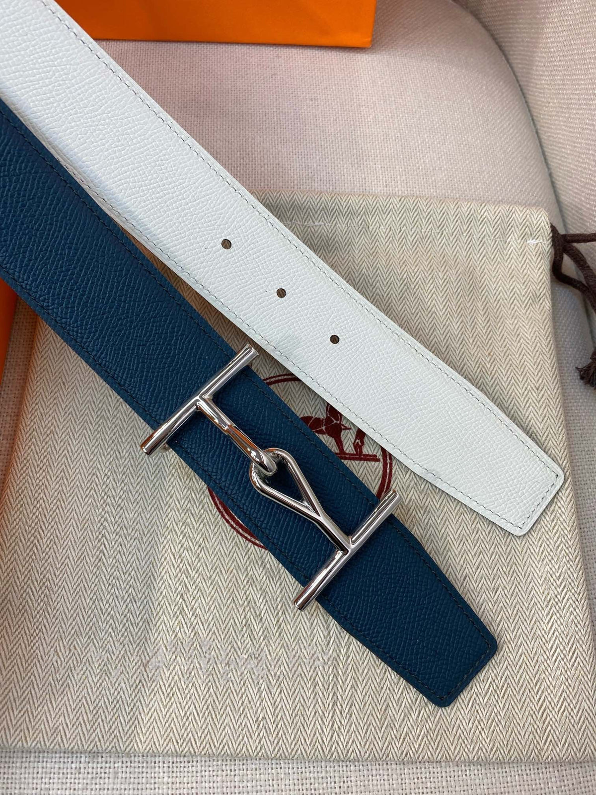 H JUMBO BELT 38MM SILVER BUCKLE BLUE WHITE LEATHER