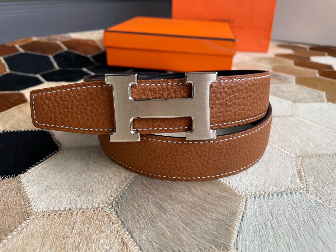 H CONTANCE BELT 32MM SILVER BUCKLE BLACK DARK BROWN LEATHER