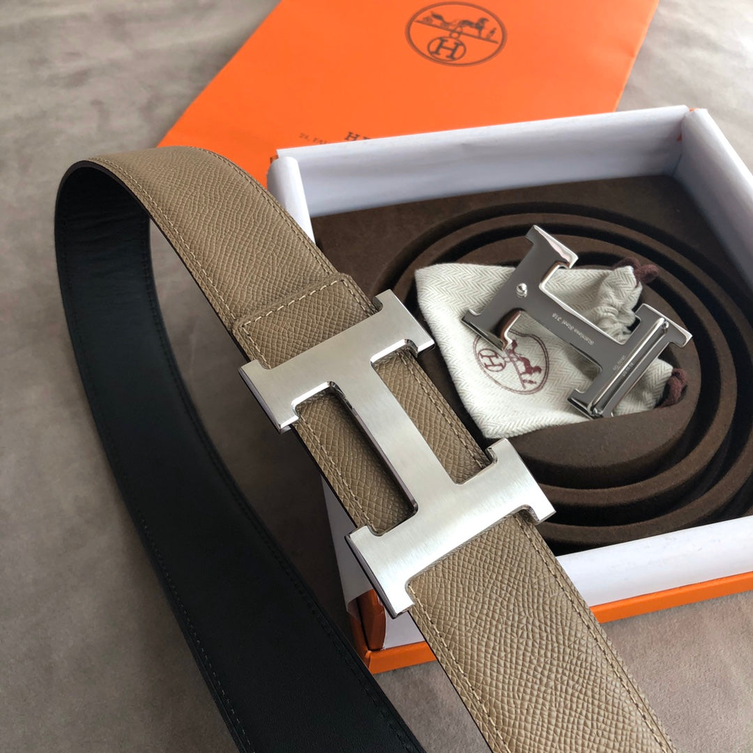 H CONTANCE BELT 38MM SILVER BUCKLE GREY LEATHER