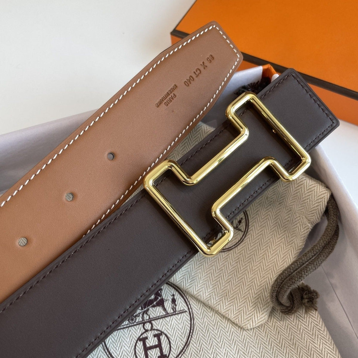 H TONIGHT BELT 38MM GOLD BUCKLE CHESTNUTE GRAPHITE LEATHER