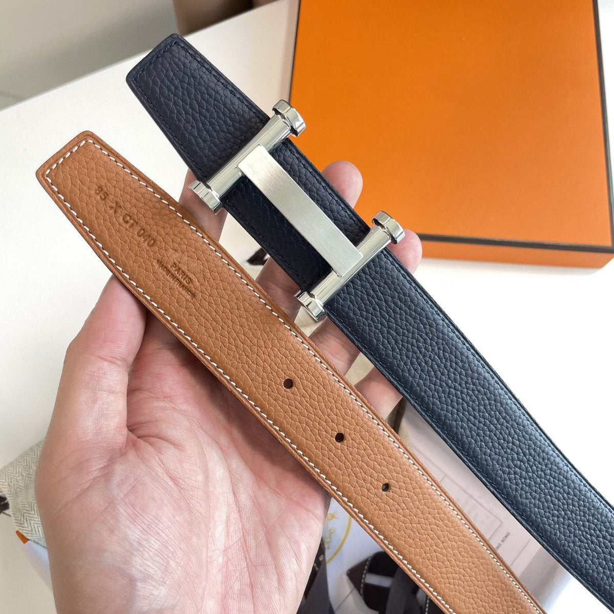 H AGORA BELT 32MM DARK BLUE BROWN LEATHER