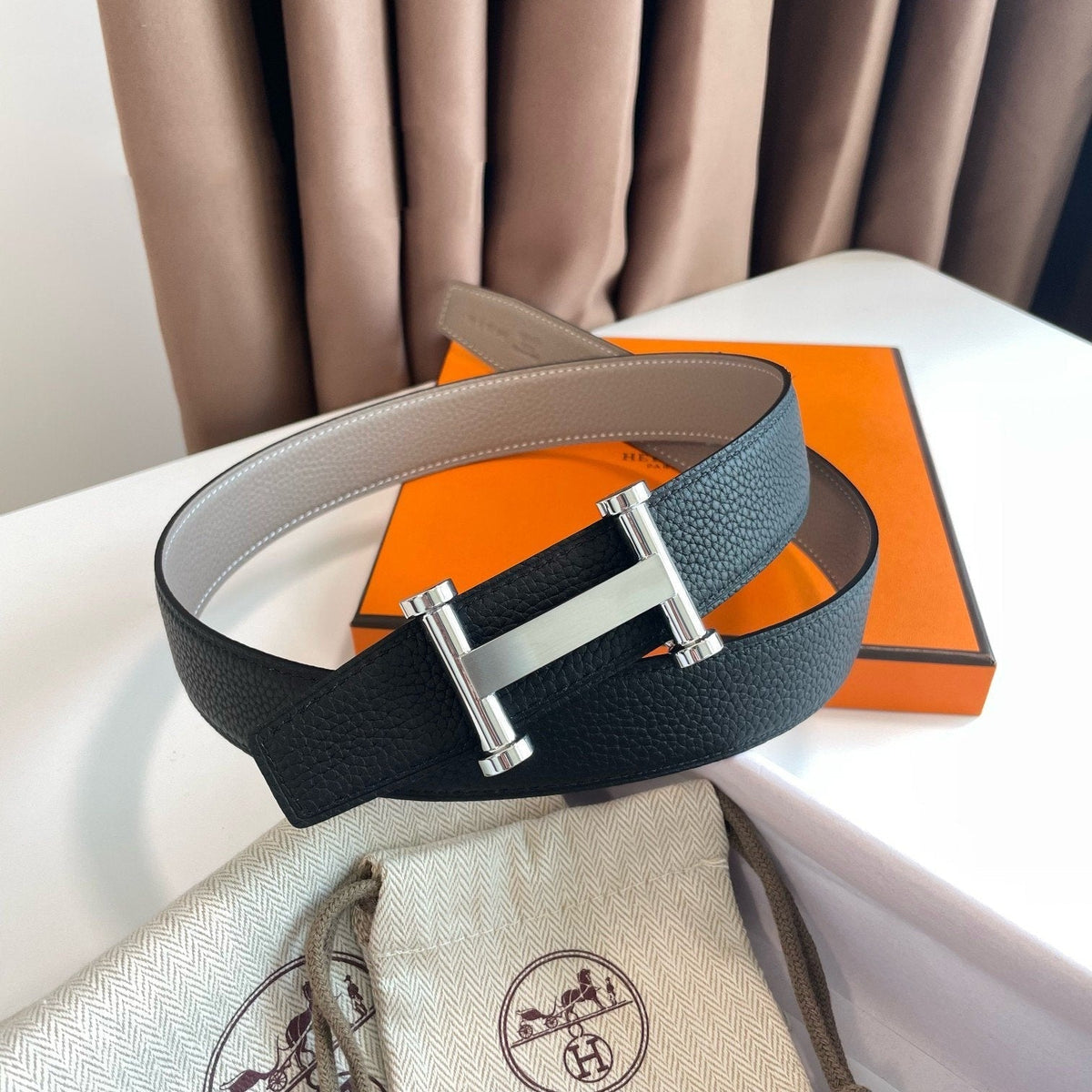 H AGORA BELT 32MM BLACK GREY LEATHER