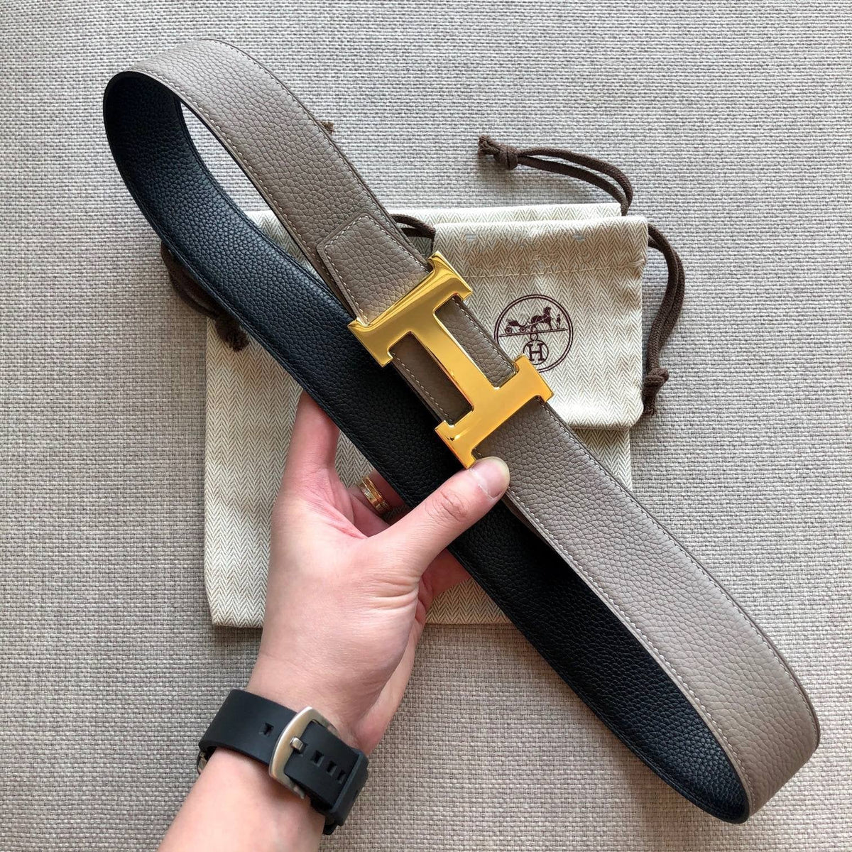 H CONTANCE BELT 38MM BLACK GREY LEATHER
