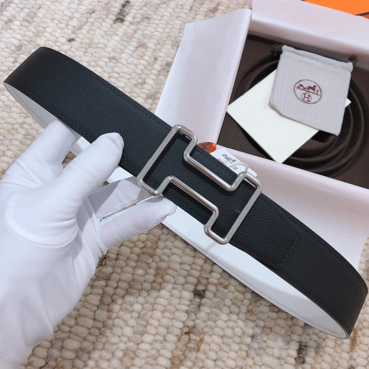 H TONIGHT BELT 38MM BLACK WHITE LEATHER