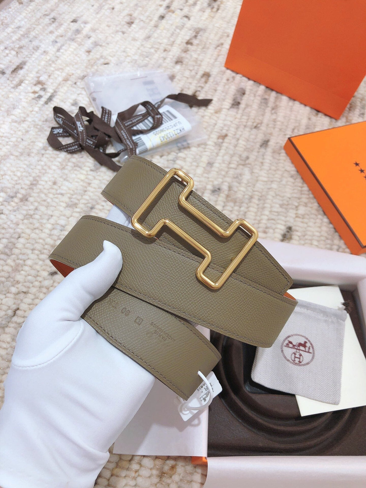 H TONIGHT BELT 38MM ORANGE GREEN GREY LEATHER