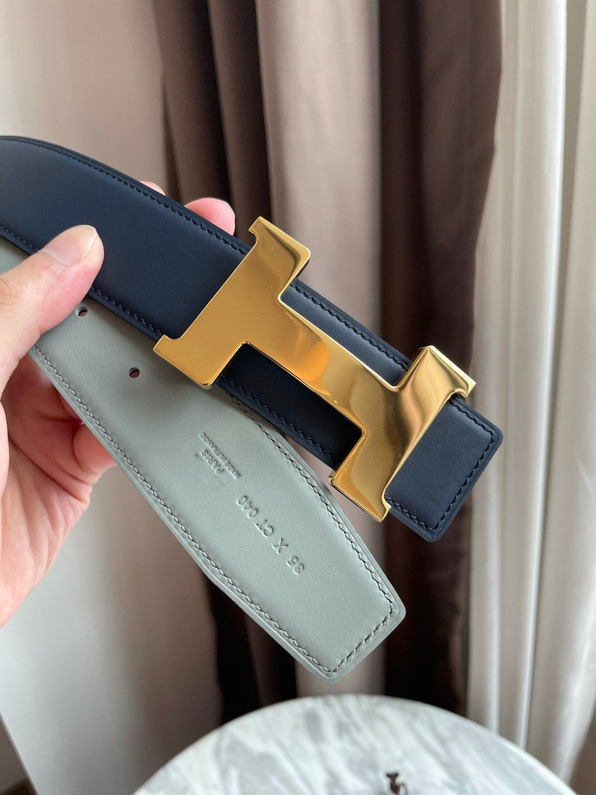 H CONSTANCE BELT 38MM GOLD BUCKLE PRUSSIAN BLUE SKY BLUE LEATHER