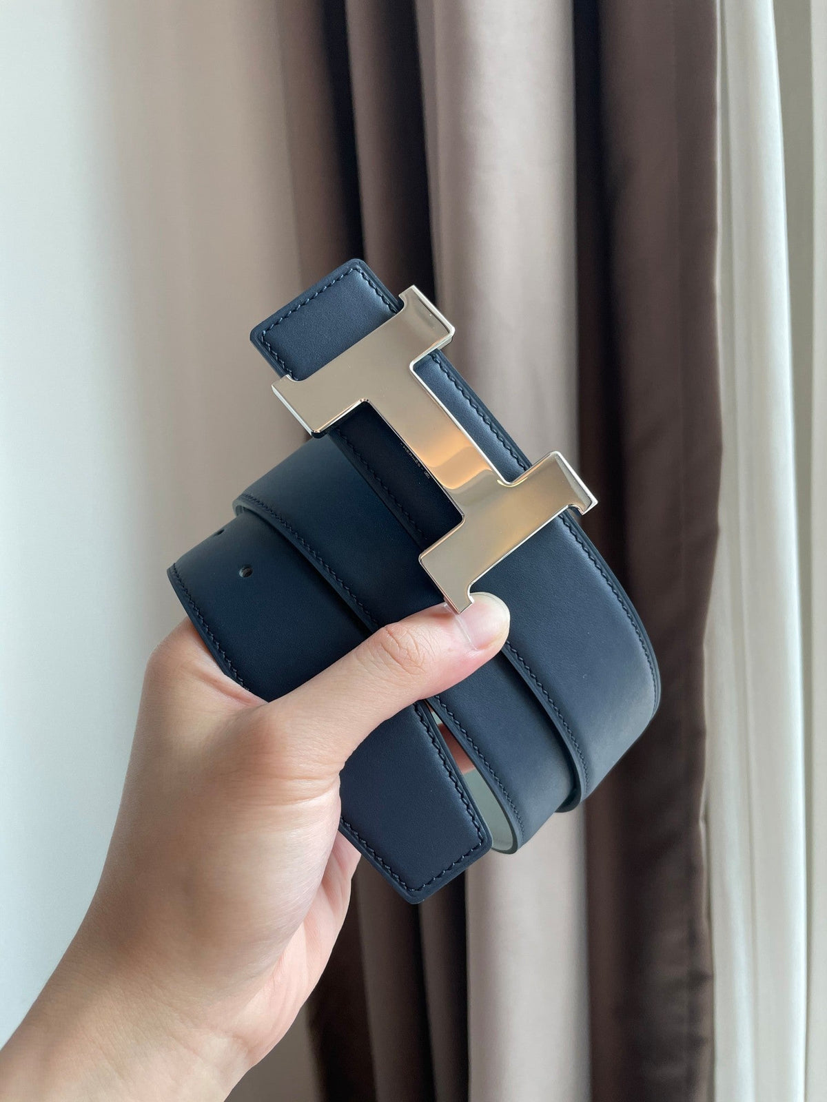 H CONSTANCE BELT 38MM SILVER BUCKLE PRUSSIAN BLUE SKY BLUE LEATHER