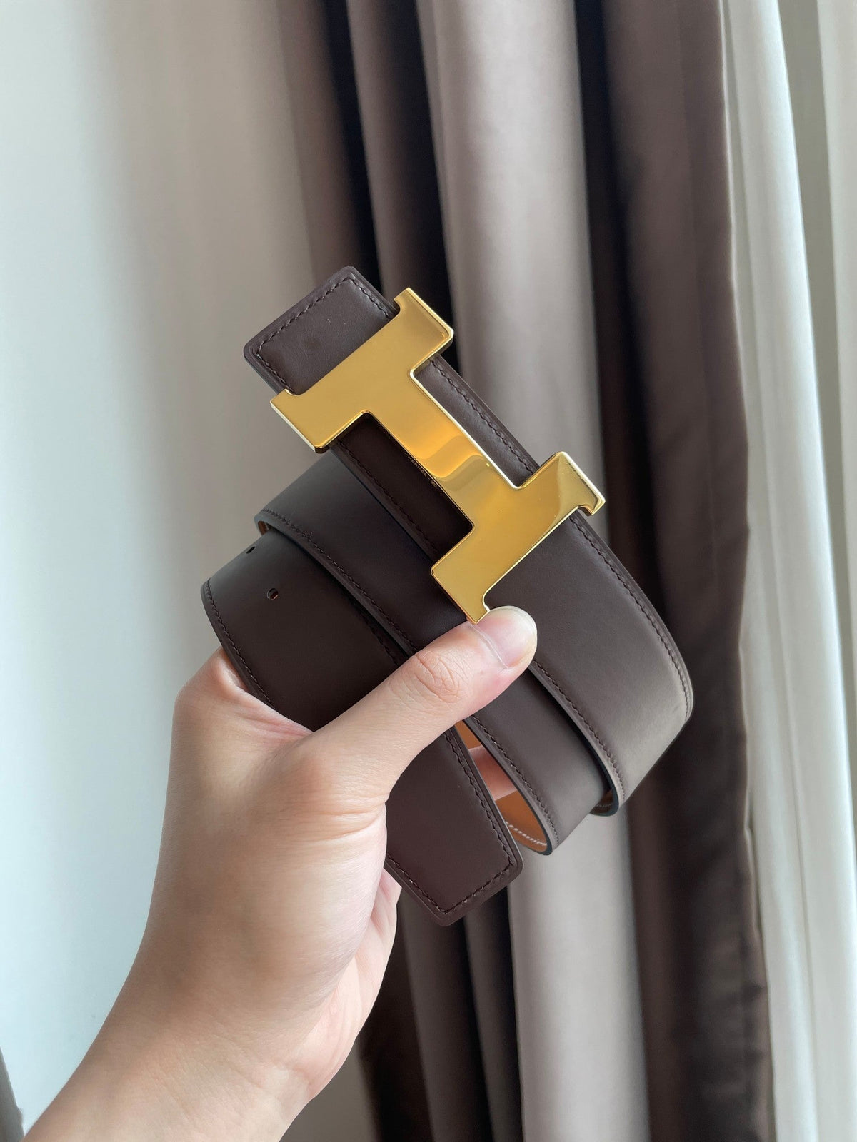 H CONSTANCE BELT 38MM GOLD BUCKLE BROWN CHOCOLATE LEATHER