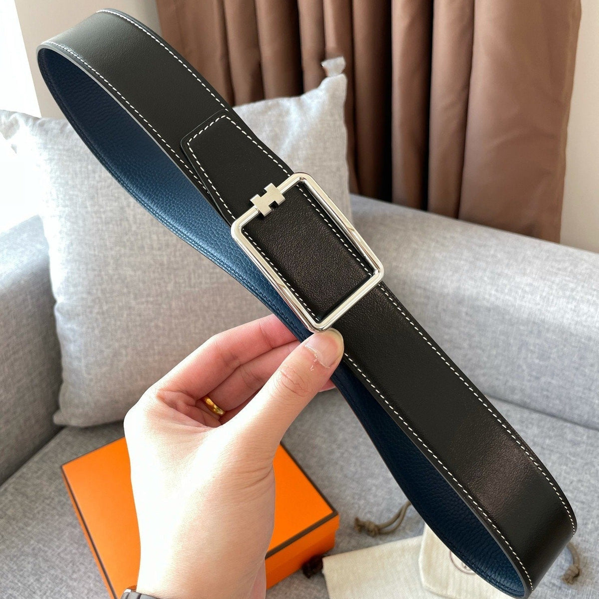 H TUBE BELT 38MM SILVER BUCKLE BLUE BLACK LEATHER