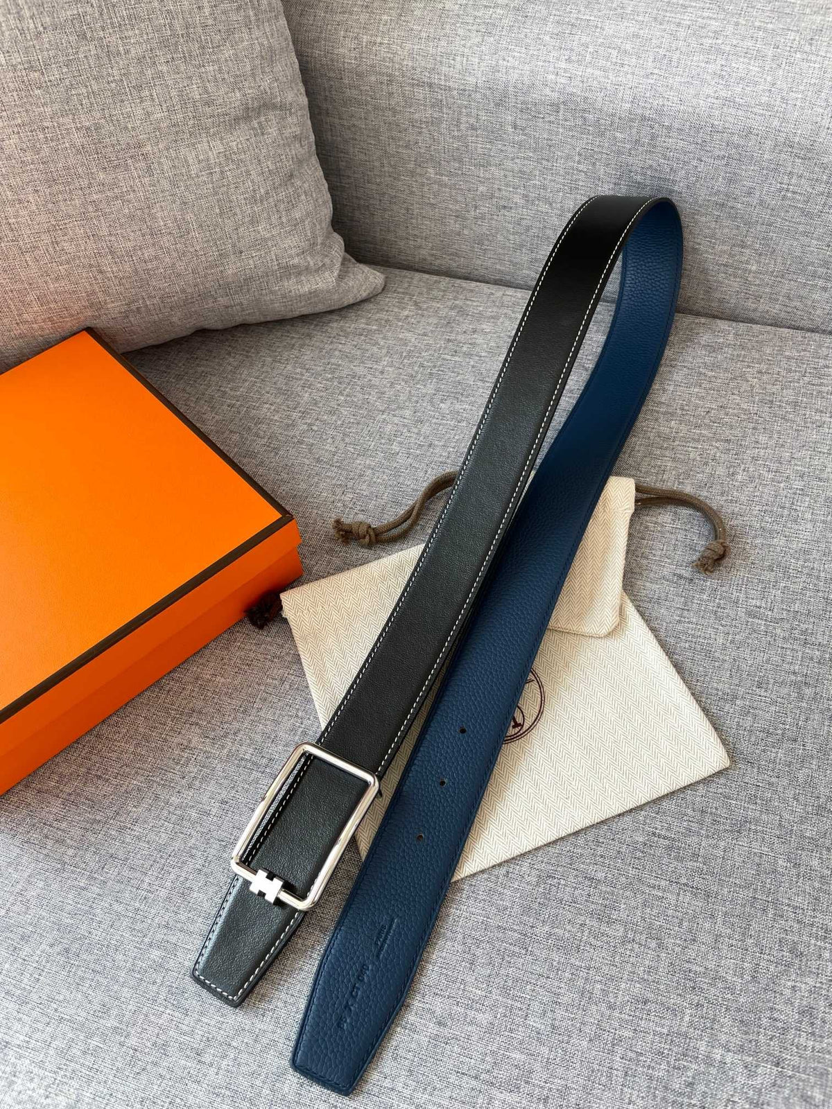 H TUBE BELT 38MM SILVER BUCKLE BLUE BLACK LEATHER