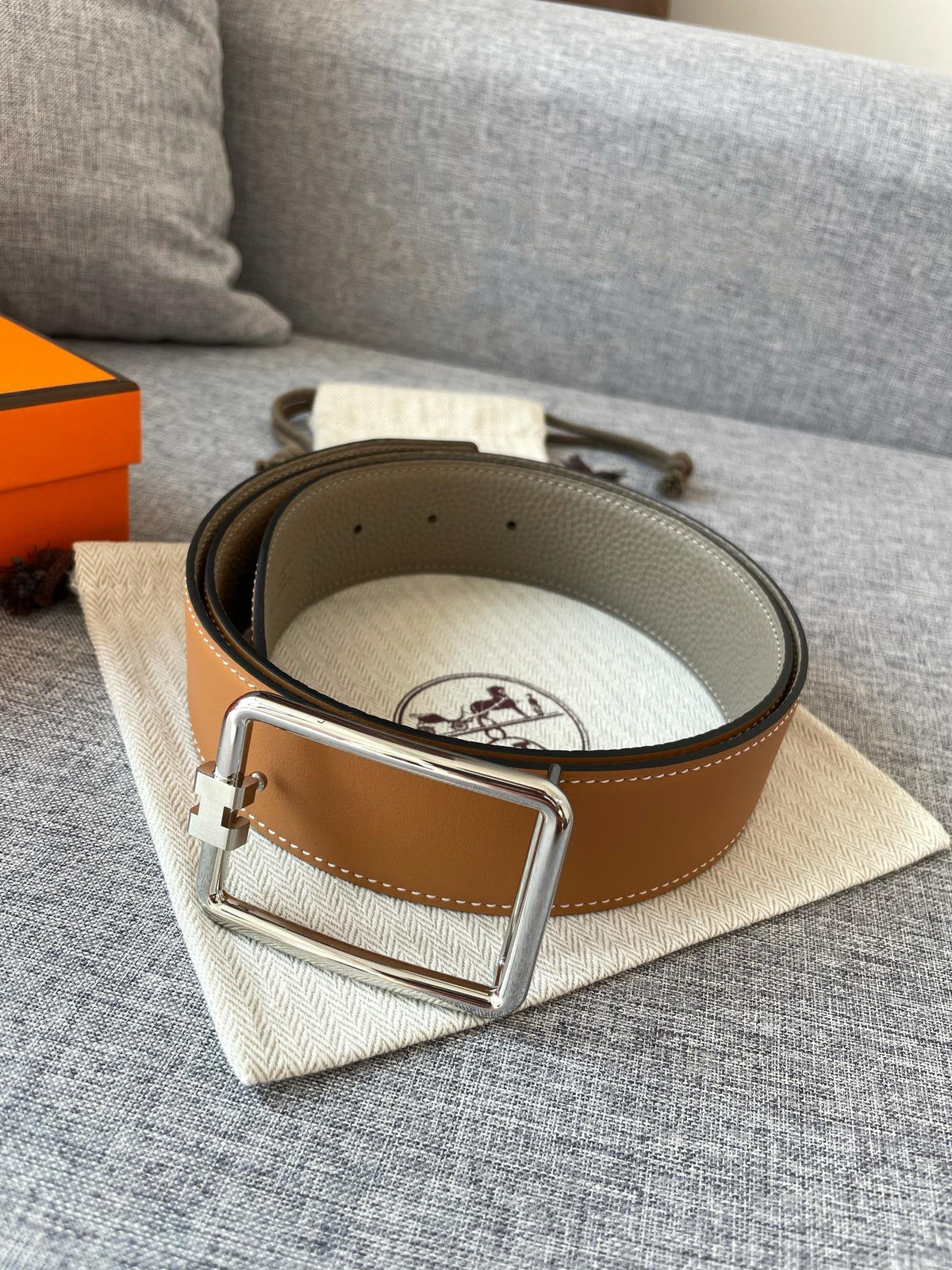 H TUBE BELT 38MM SILVER BUCKLE TIN GREY GOLD LEATHER