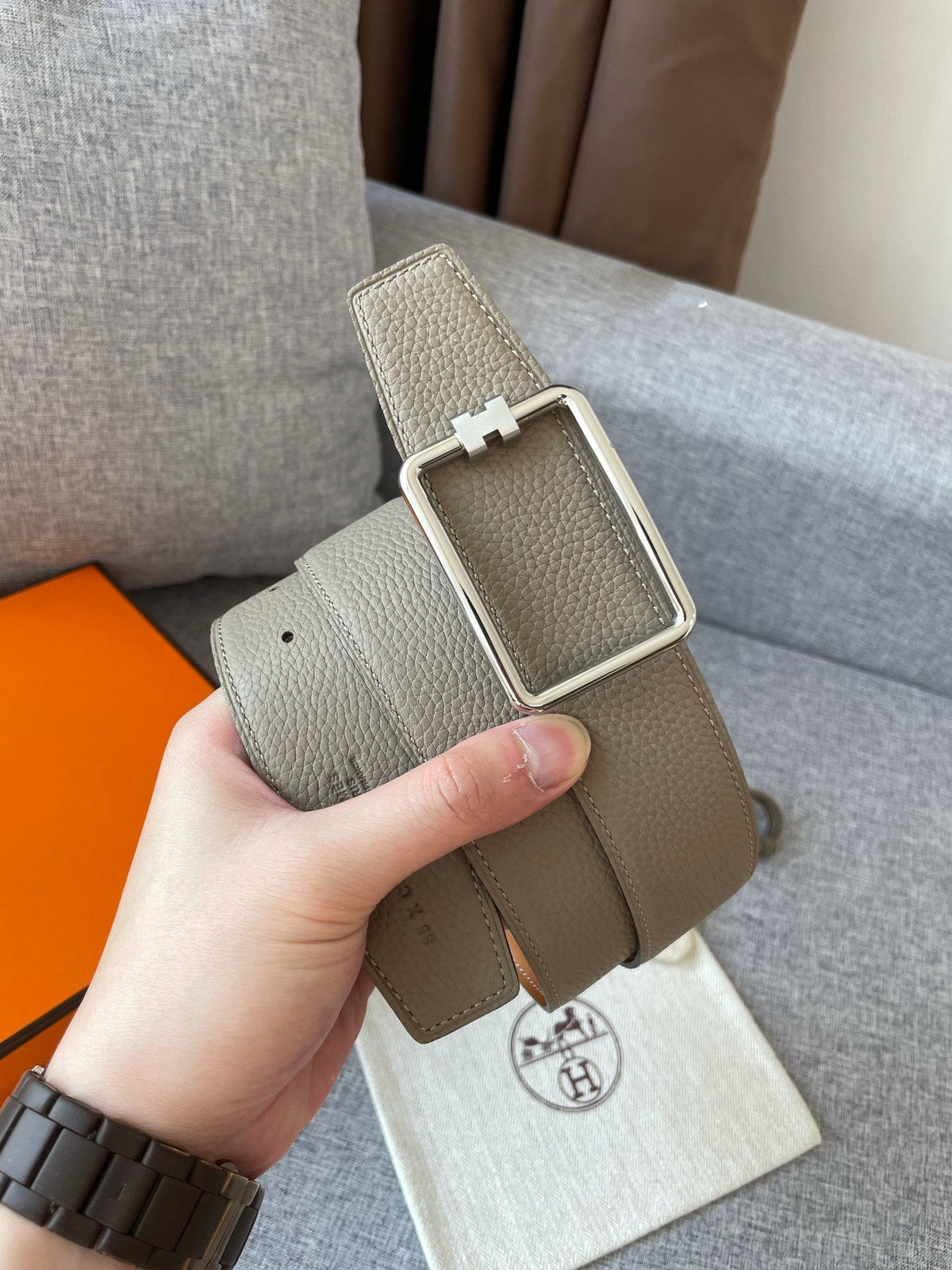 H TUBE BELT 38MM SILVER BUCKLE TIN GREY GOLD LEATHER