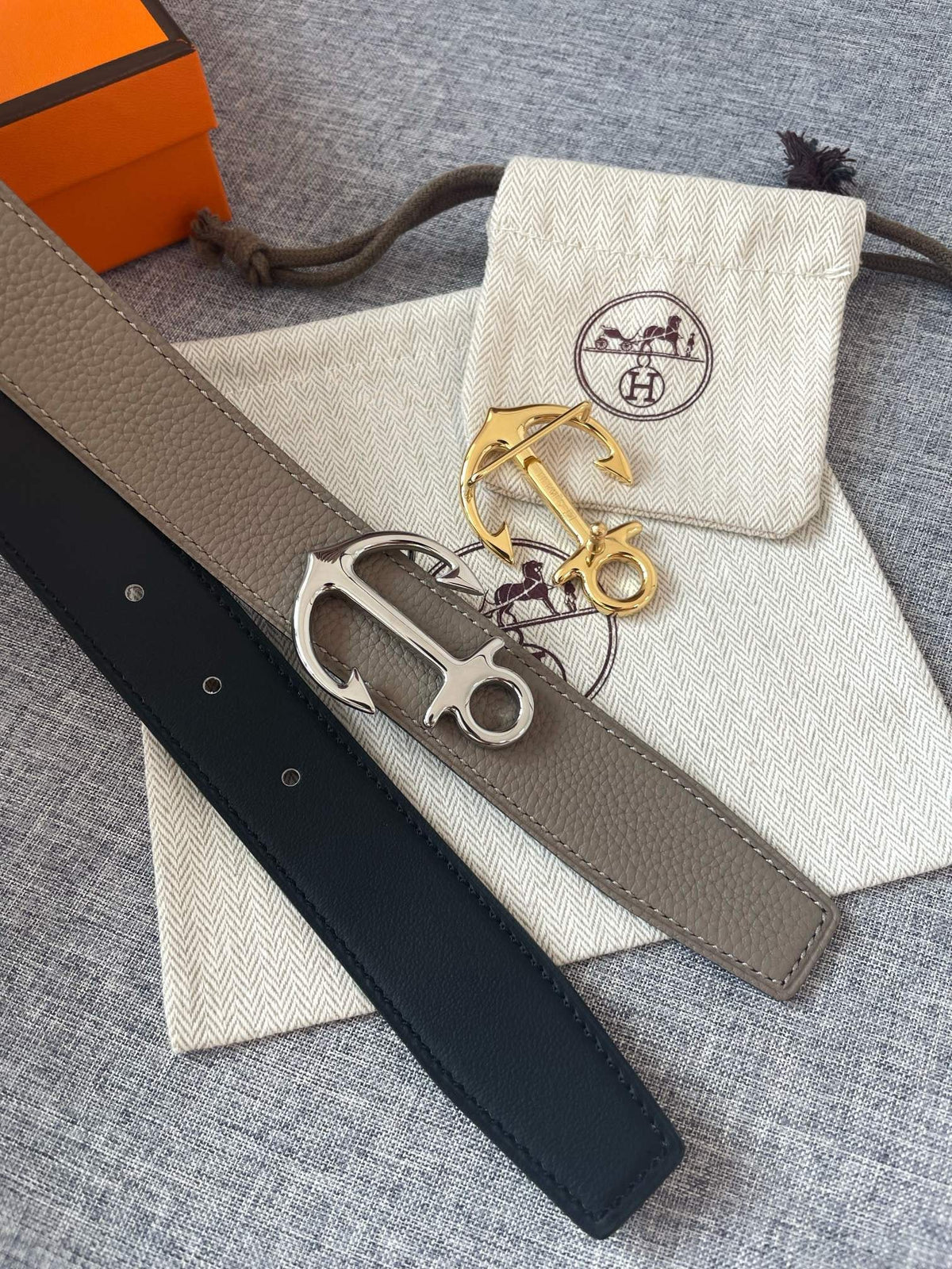 H CARGO BELT 32MM TIN GREY BLACK LEATHER