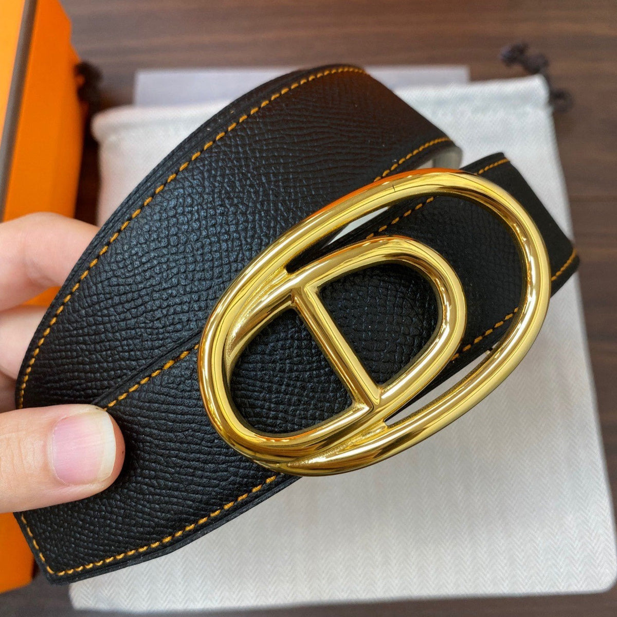 H ODYSSEE RIVERSIBLE BELT 32MM GOLD BUCKLE WHITE BLACK LEATHER