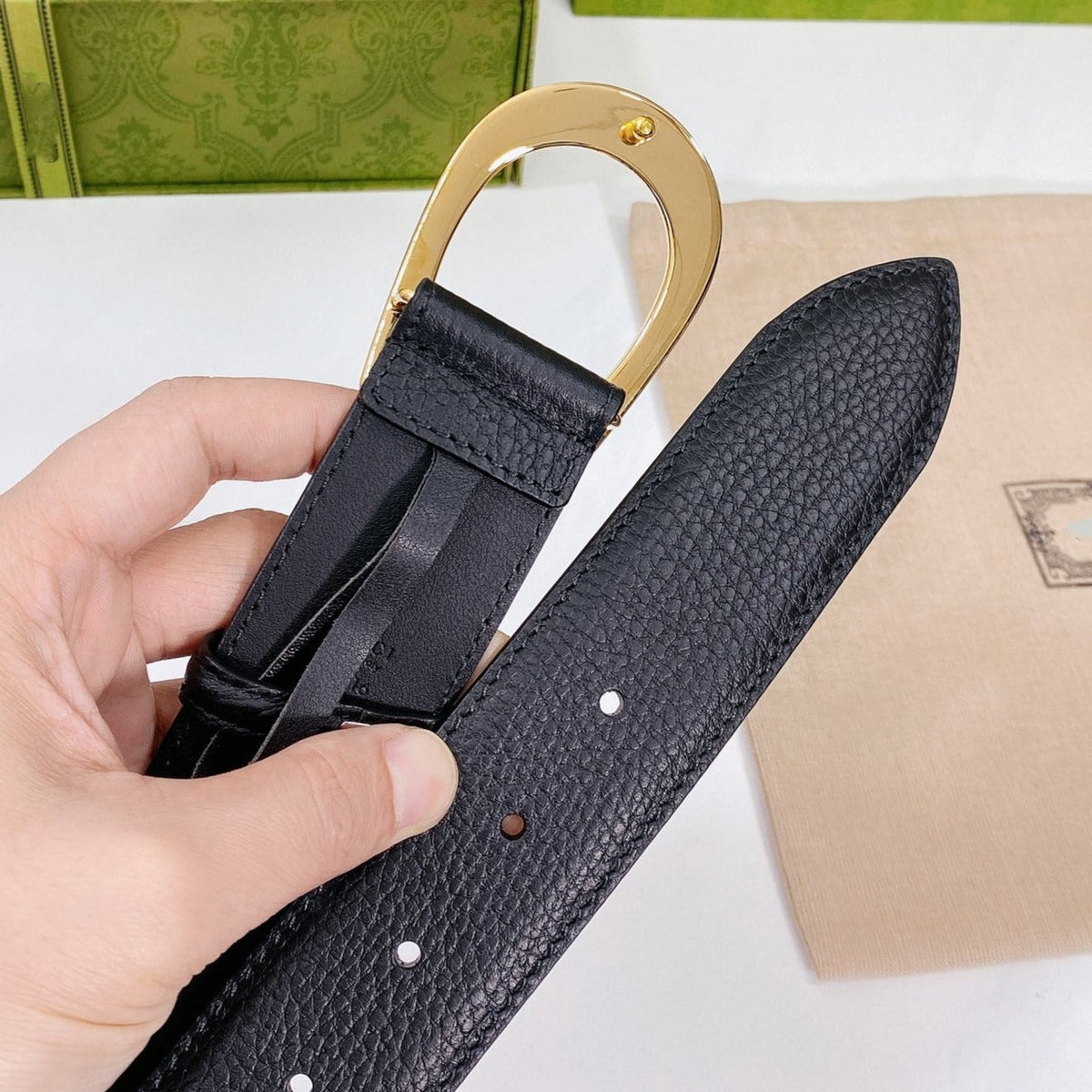 G BELT GOLD BUCKLE BLACK LEATHER 4.0CM