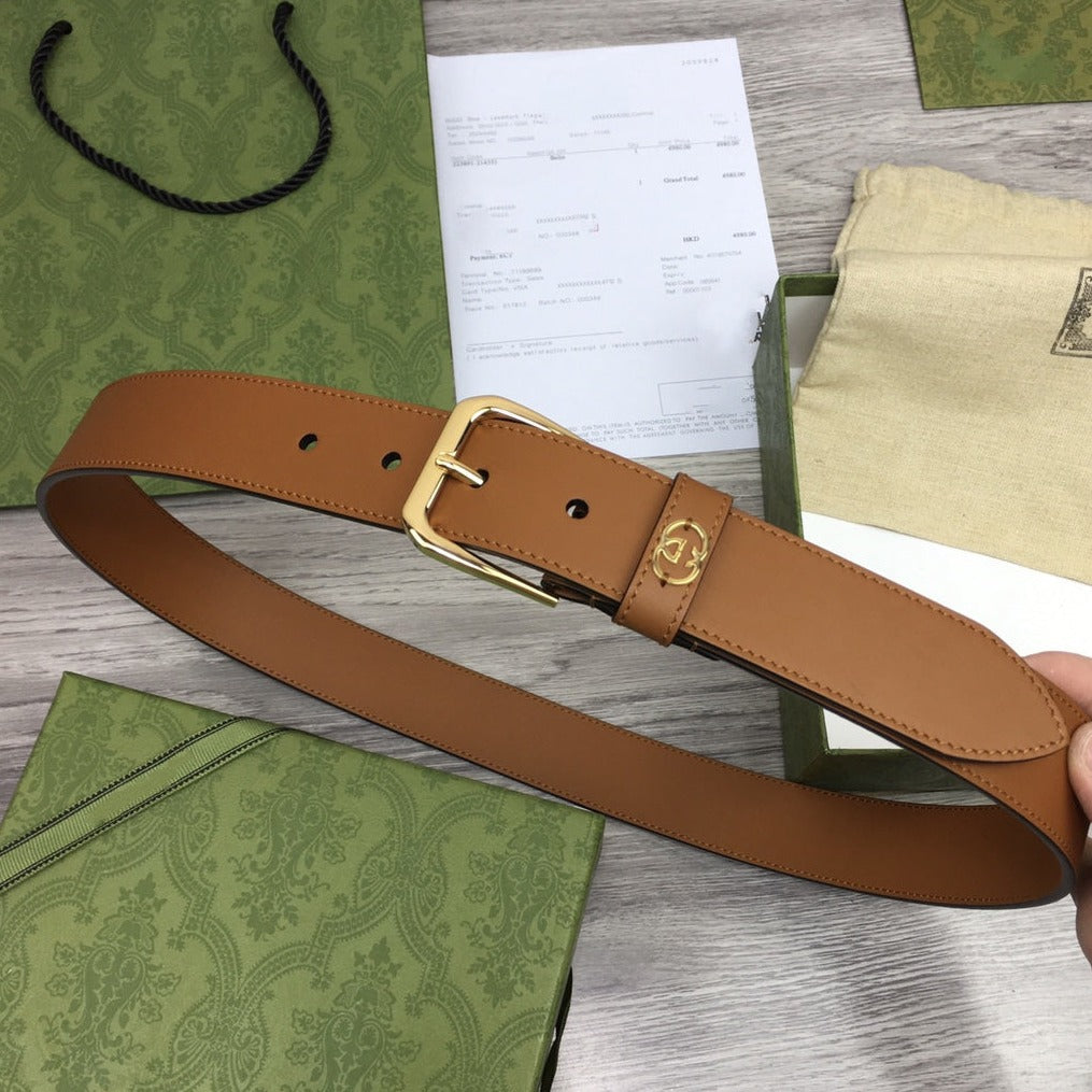 G BELT GOLD SQUARE INSTALL BUCKLE BROWN LEATHER 3.5CM