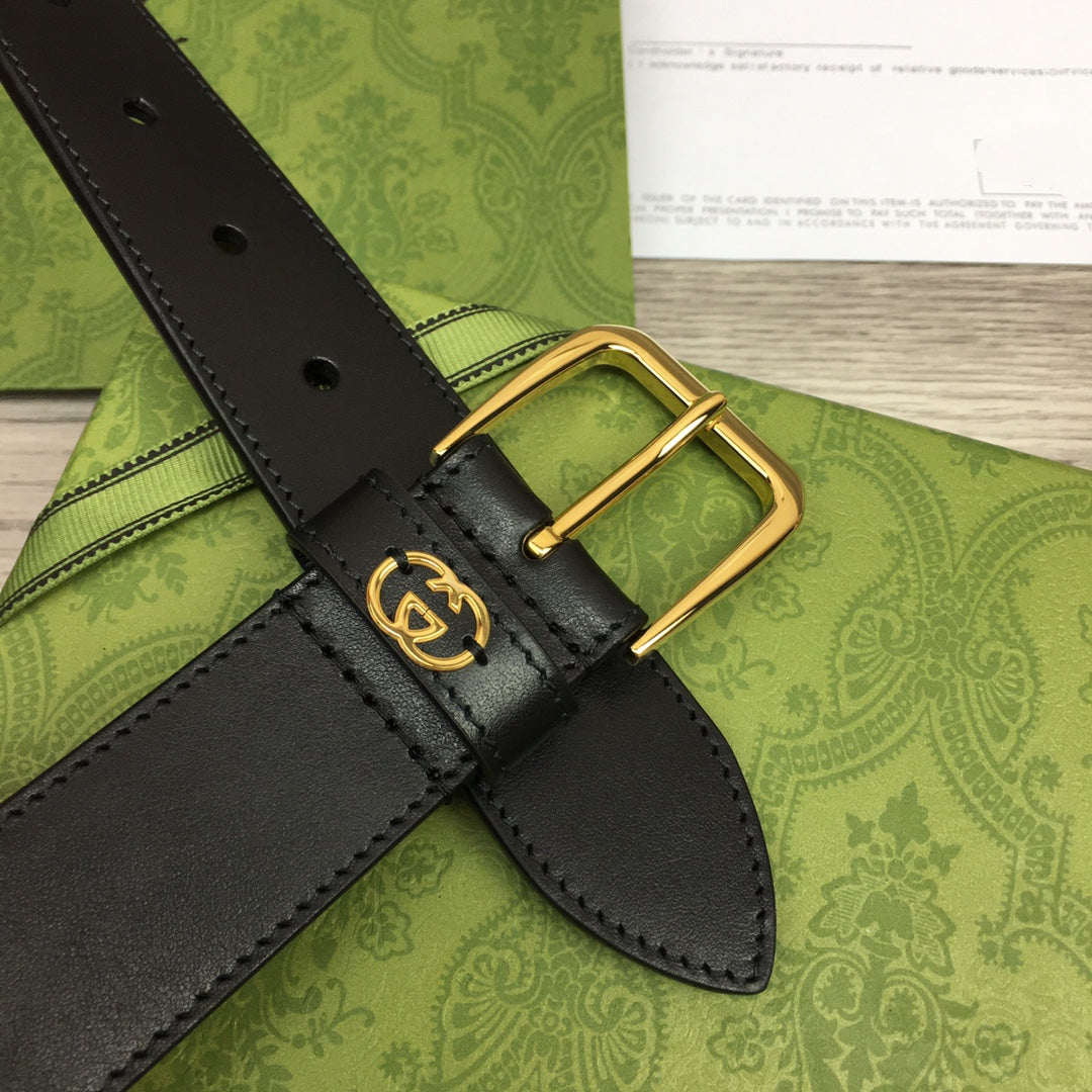 G BELT GOLD SQUARE  INSTALL  BUCKLE BLACK LEATHER 3.5CM