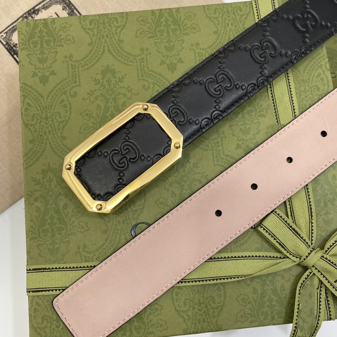G BELT GOLD SQUARE BUCKLE BLACK LEATHER 3.5CM