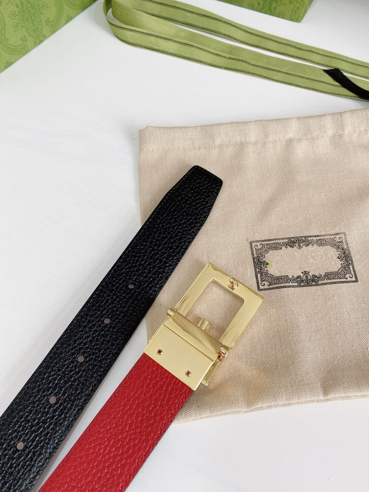 G BELT GOLD BUCKLE RED BLACK LEATHER 3.5CM