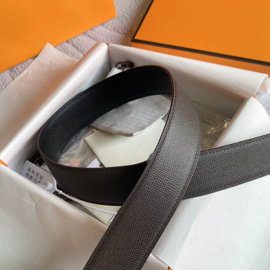 H BELT SILVER BUCKLE DARK BROWN BLACK LEATHER RIVERSIBLE 3.8CM