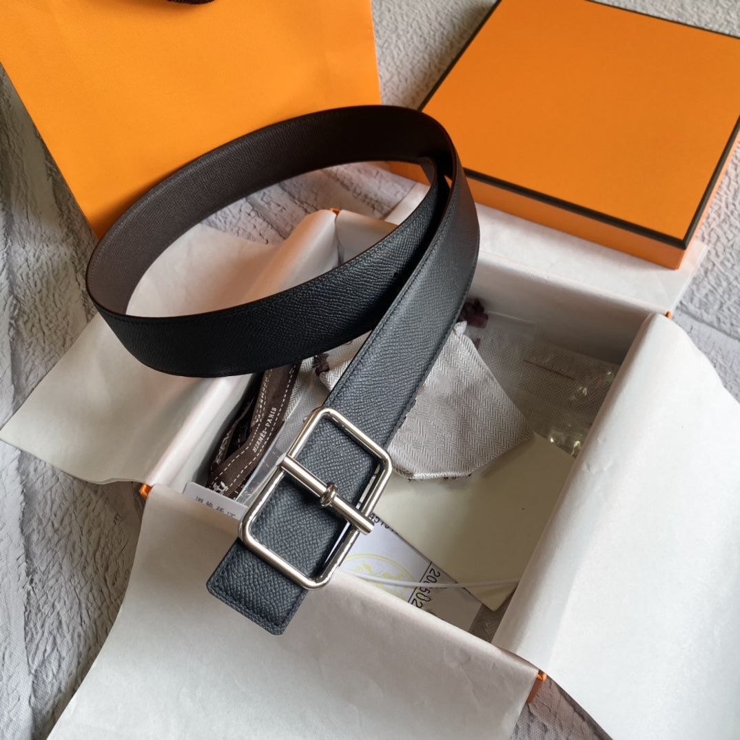 H BELT SILVER BUCKLE DARK BROWN BLACK LEATHER RIVERSIBLE 3.8CM