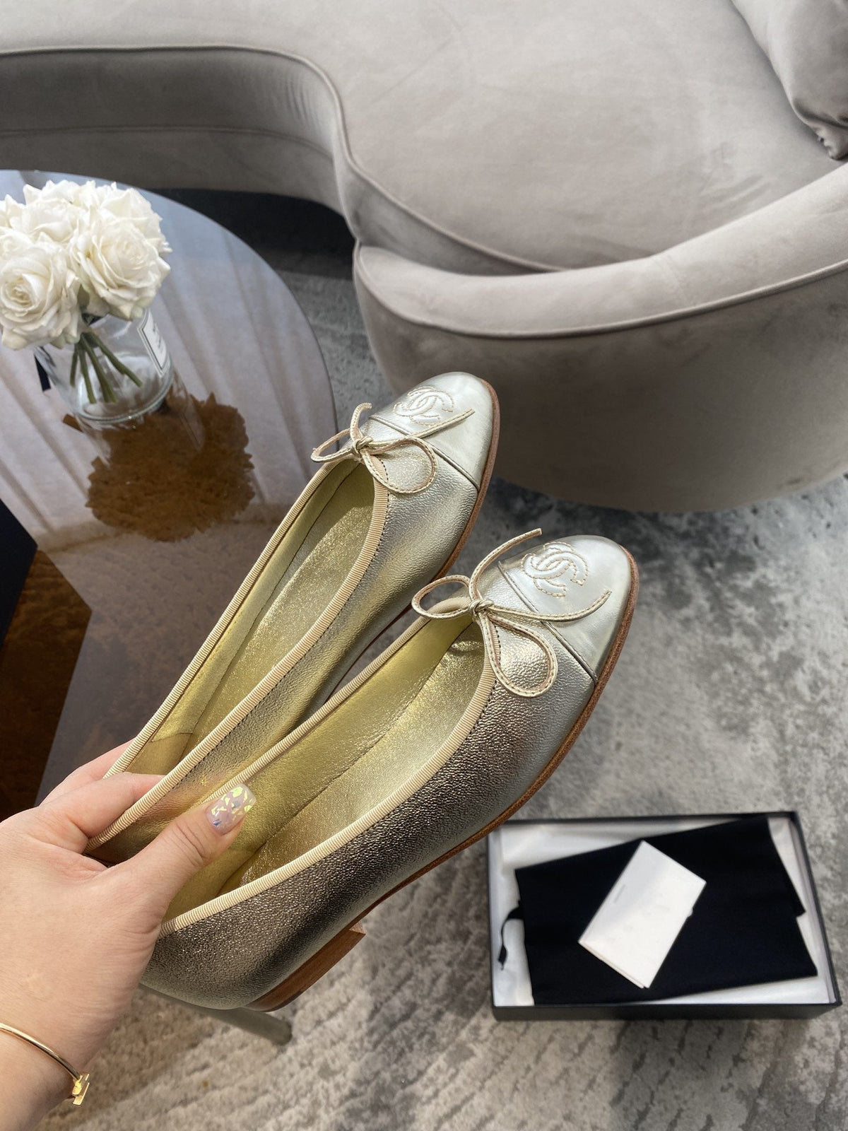 ballet flat gold metalic lambskin patent calfskin