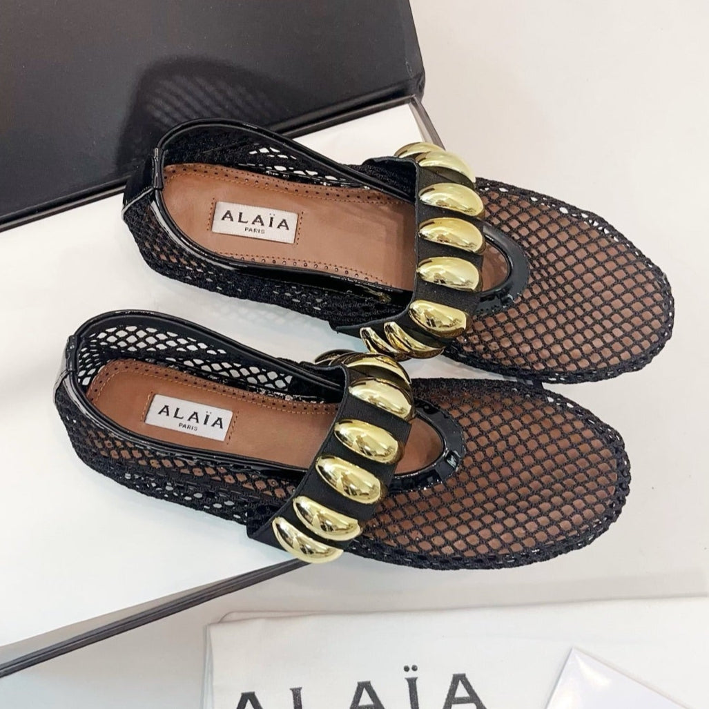 Alaia 25 Mary Jane Mesh Ballet Flats Black Gold Calfskin