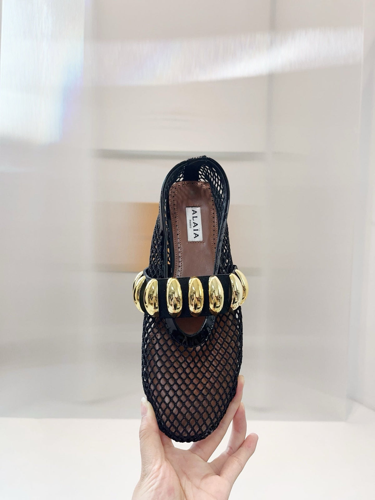 Alaia 25 Mary Jane Mesh Ballet Flats Black Gold Calfskin