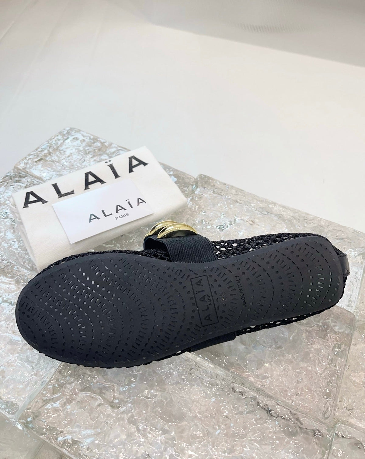 Alaia 25 Mary Jane Mesh Ballet Flats Black Gold Calfskin