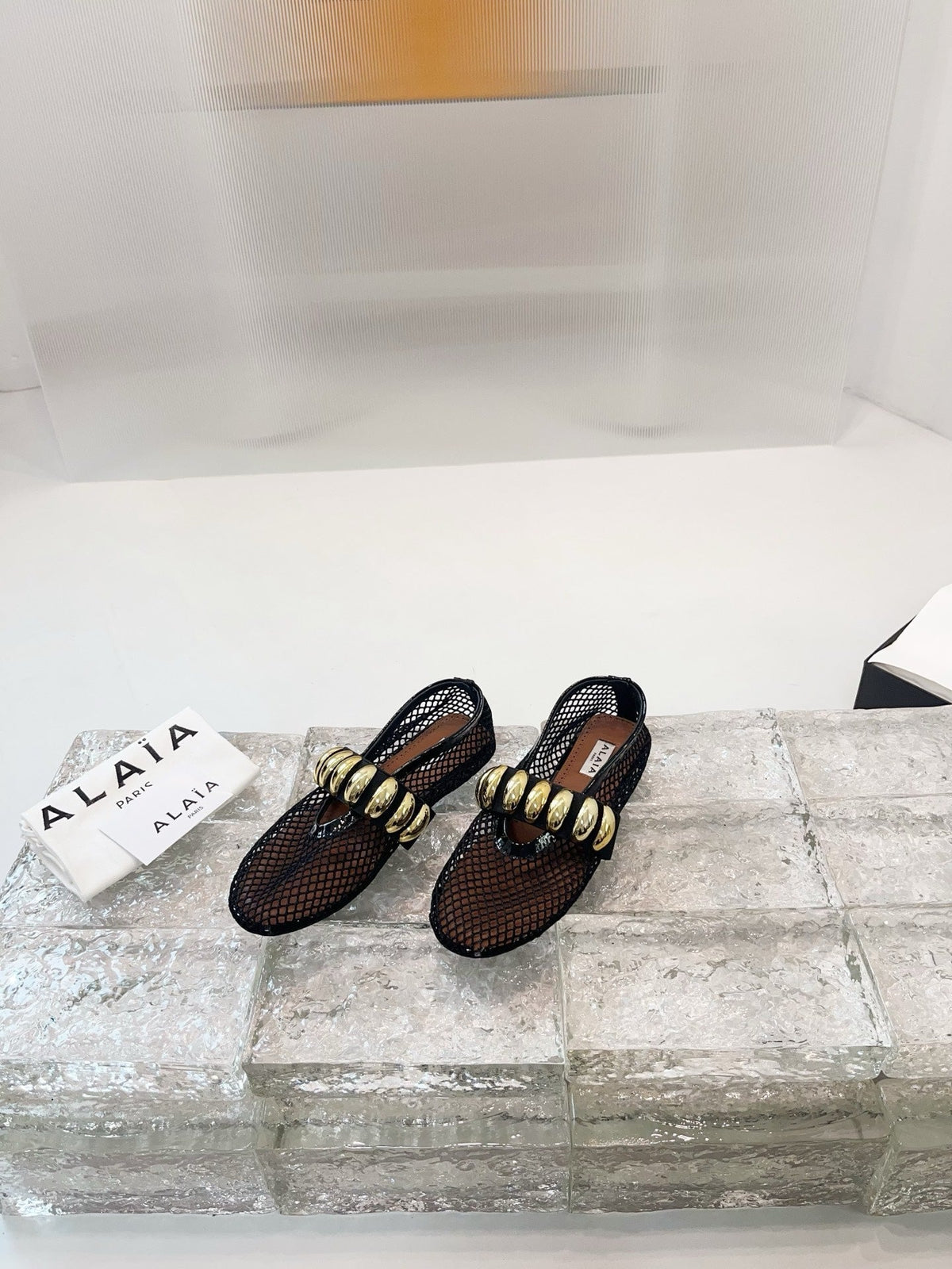 Alaia 25 Mary Jane Mesh Ballet Flats Black Gold Calfskin