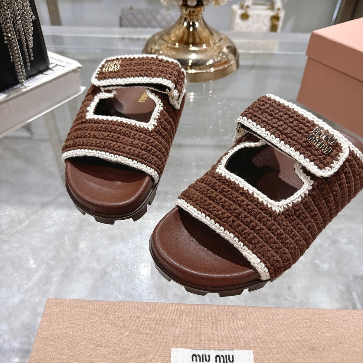 Miumiu 25 Sandal Brown Woven Sheepskin 174741