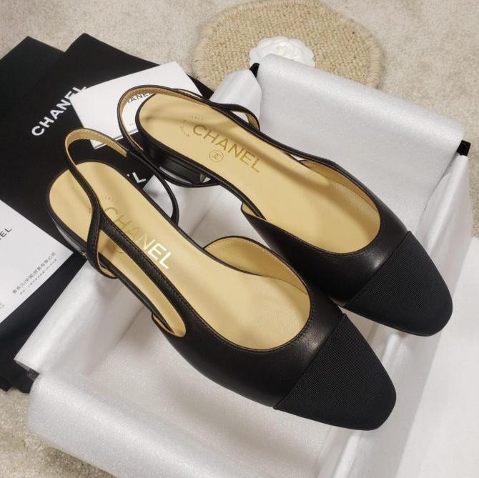 CC Slingback Flat Beige Lambskin Black Grosgrain Lambskin