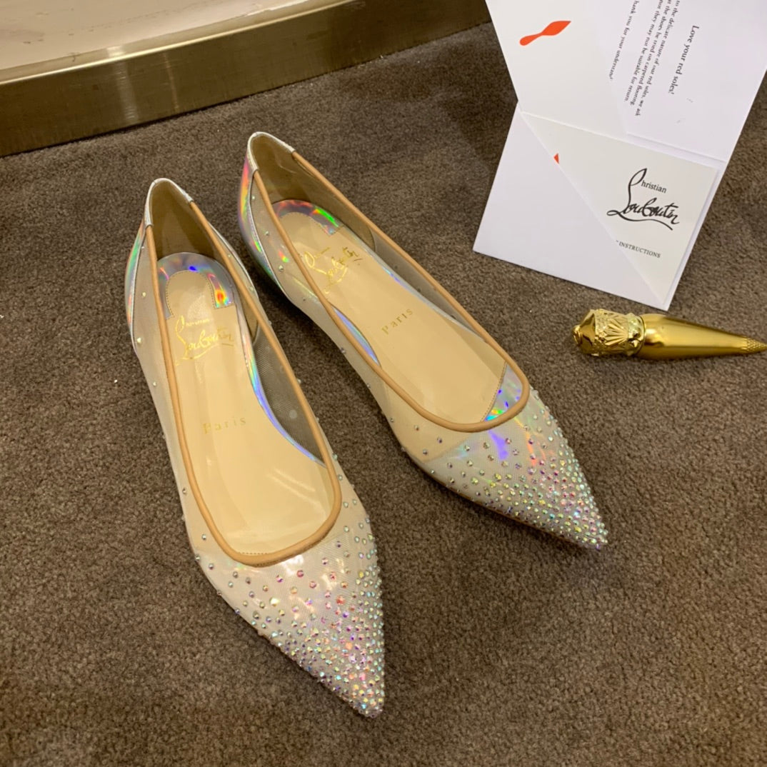 CL Follies Strass Flats Mesh and Patent Leather Silver