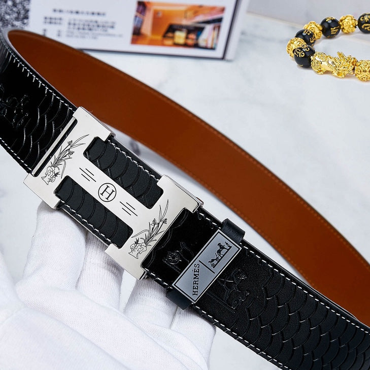 HM Constance Belt 38mm Black Brown Cowhide Sliver Buckle 619894