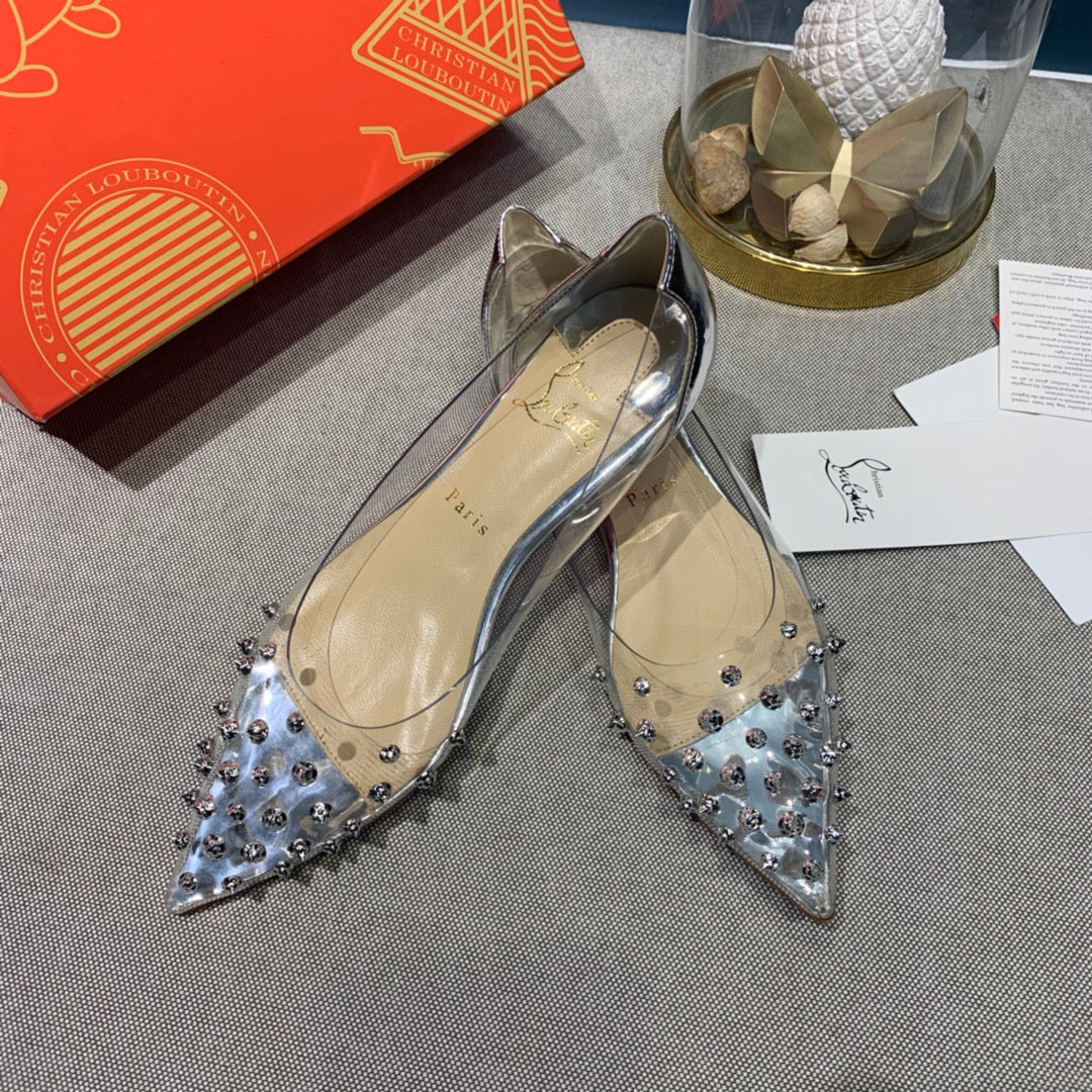 CL Collaclou Spike Clear Flat Embellished Pvc and Metallic Leather Silver