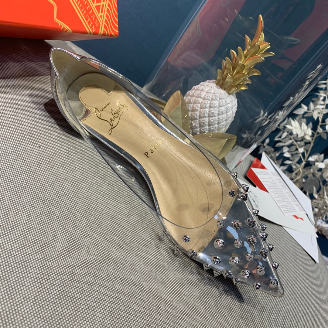 CL Collaclou Spike Clear Flat Embellished Pvc and Metallic Leather Silver