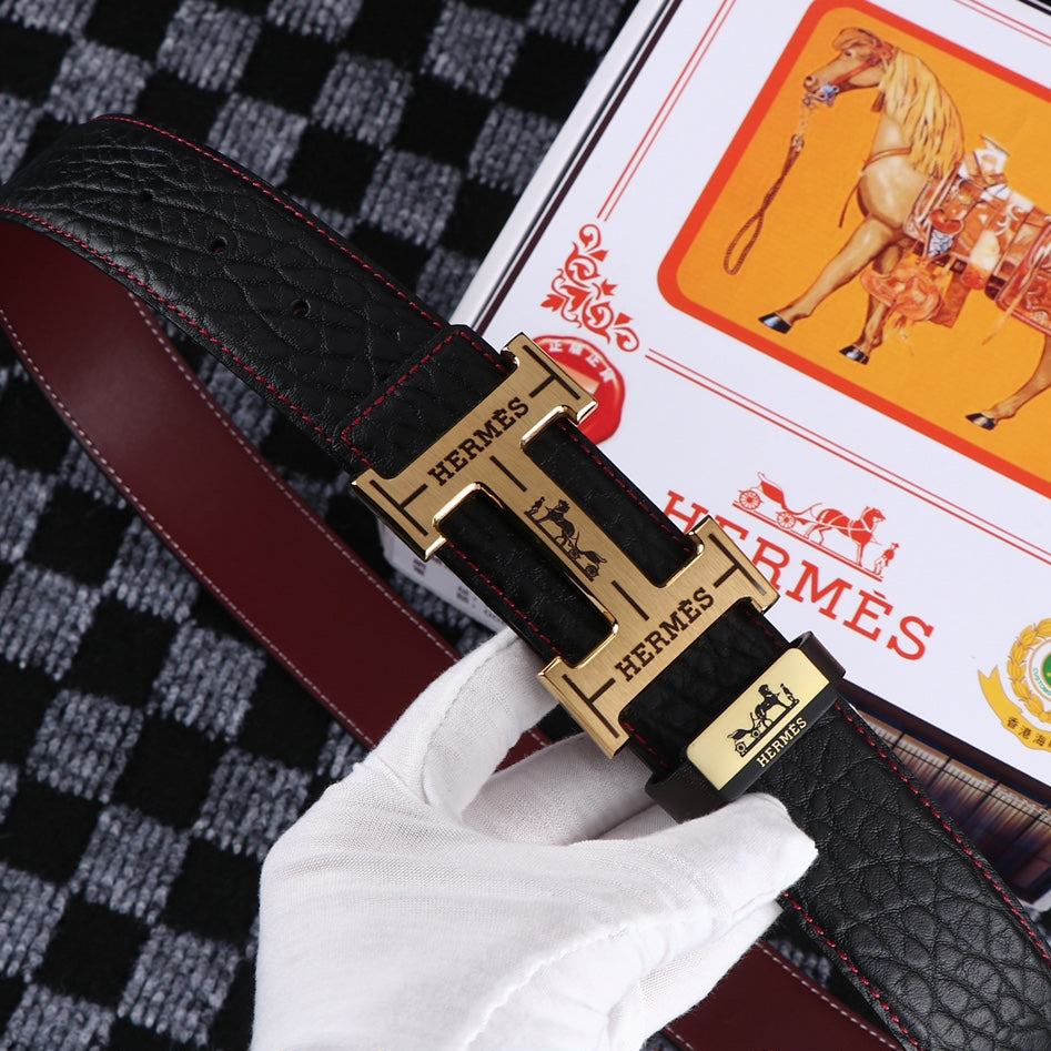 HM Belt 38mm Black Cowhide Leather Gold Buckle 619053