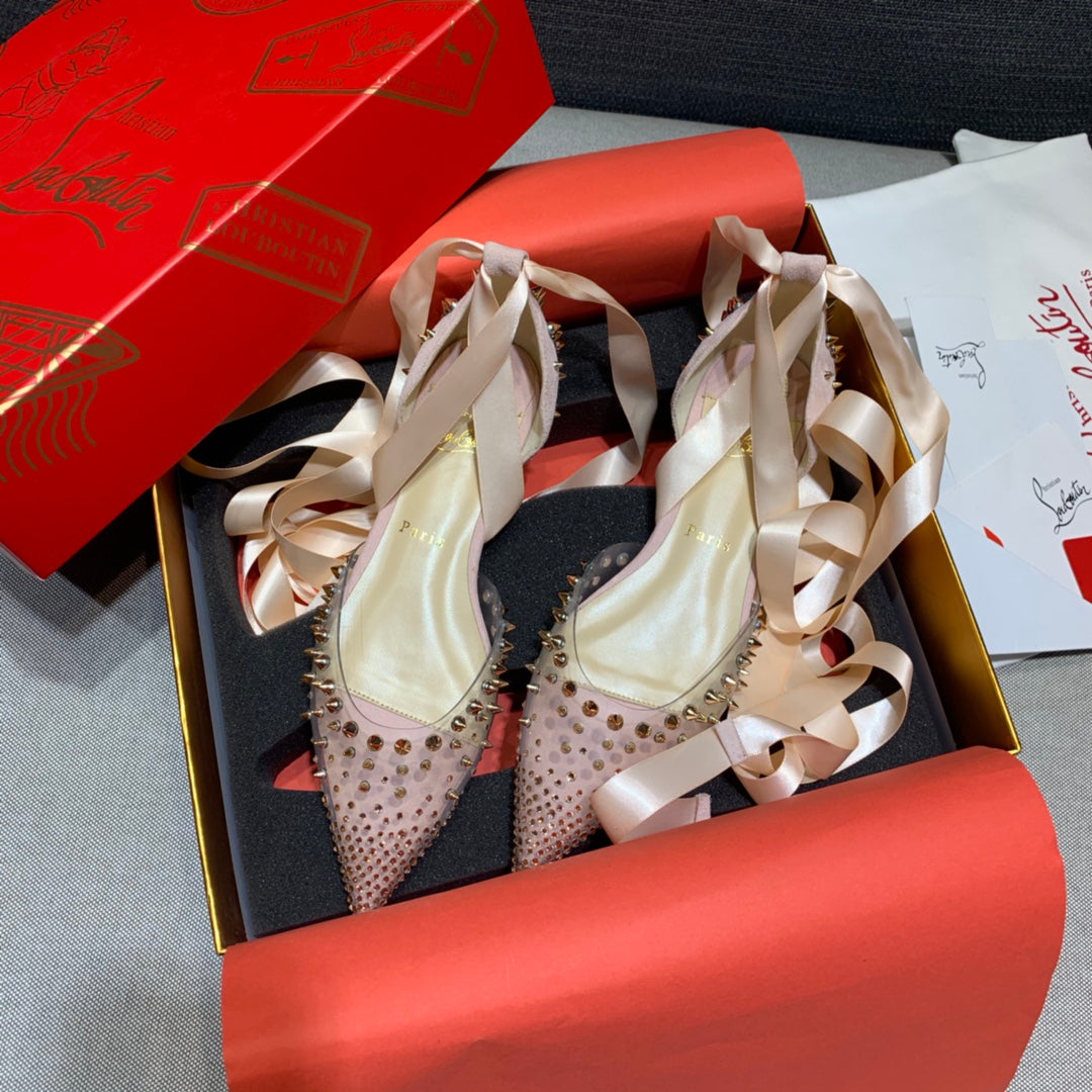 CL Mechante Reine Flats Spike PVC and Veau Velours Pink