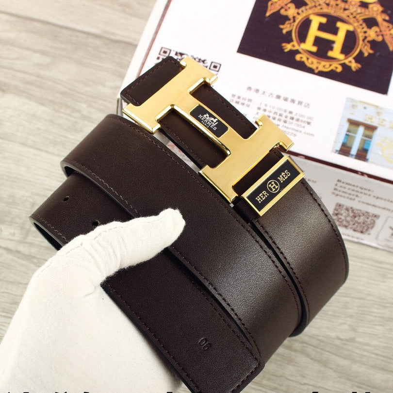 HM Double-sided Belt 38mm Black Cowhide Gold Buckle 620361
