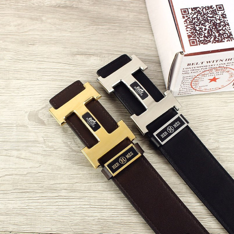 HM Double-sided Belt 38mm Black Cowhide  Sliver Buckle 620362