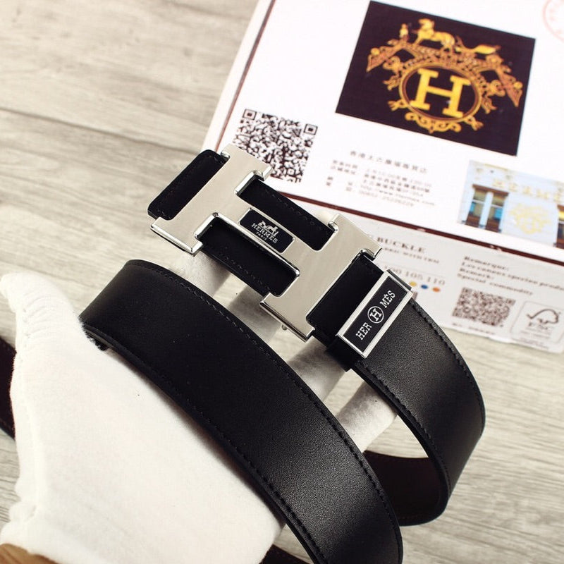HM Double-sided Belt 38mm Black Cowhide  Sliver Buckle 620362